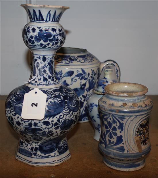 Delft blue & white bulb vase, a large posset pot (very a.f) & small lidded vase & a small Italian albarelli